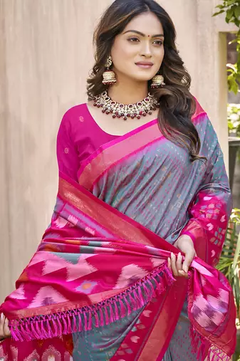 grey pochampalli art silk saree with floral printed work with blouse