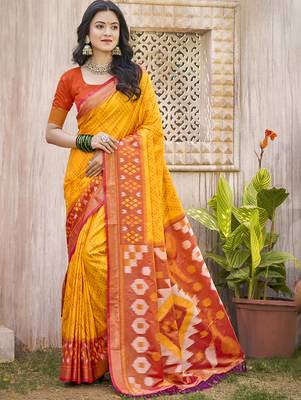 yellow pochampalli art silk saree with floral printed work with blouse 1