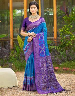 aqua blue soft art silk saree with floral printed work with blouse 1
