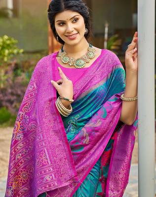 blue soft art silk saree with floral printed work with blouse 2