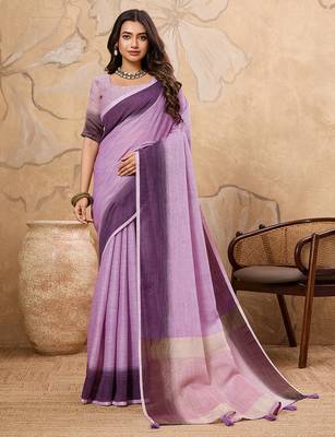 Lavender linen cotton saree with printed work with blouse 1