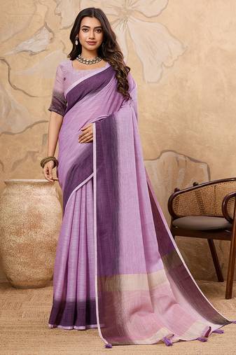 Lavender linen cotton saree with printed work with blouse
