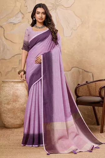 Lavender linen cotton saree with printed work with blouse