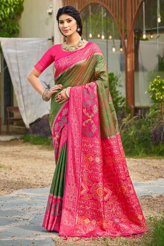 green soft art silk saree with floral printed work with blouse