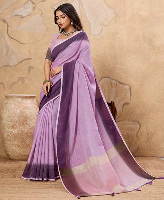 Lavender linen cotton saree with printed work with blouse 2