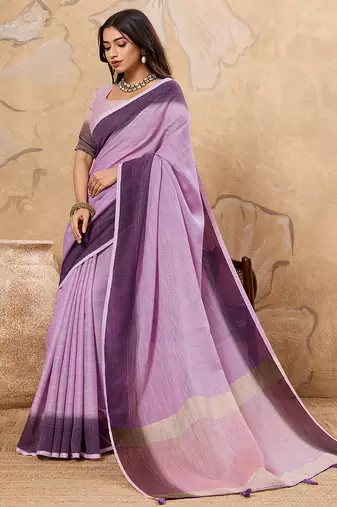 Lavender linen cotton saree with printed work with blouse
