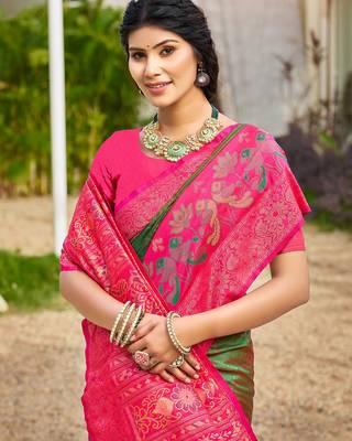 green soft art silk saree with floral printed work with blouse 2