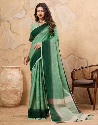 Green linen cotton saree with printed work with blouse 1