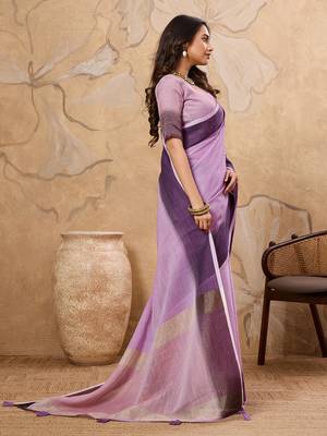 Lavender linen cotton saree with printed work with blouse 3
