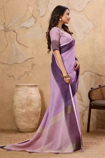 Lavender linen cotton saree with printed work with blouse