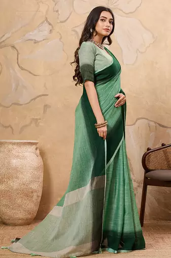 Green linen cotton saree with printed work with blouse