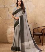 Grey linen cotton saree with printed work with blouse