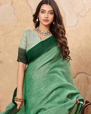 Green linen cotton saree with printed work with blouse 3