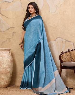 Blue linen cotton saree with printed work with blouse 1