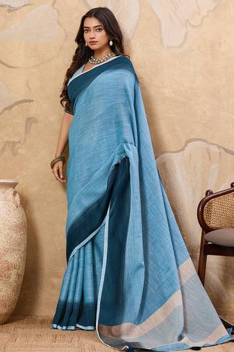 Blue linen cotton saree with printed work with blouse