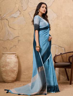 Blue linen cotton saree with printed work with blouse 2
