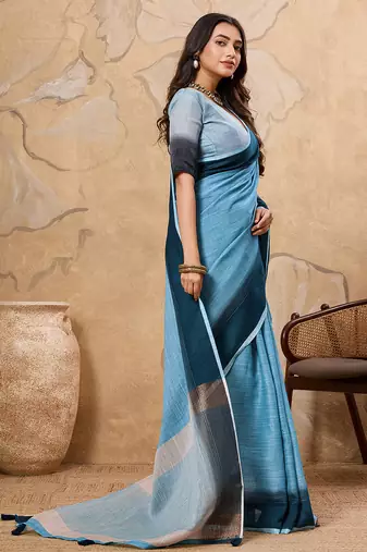 Blue linen cotton saree with printed work with blouse