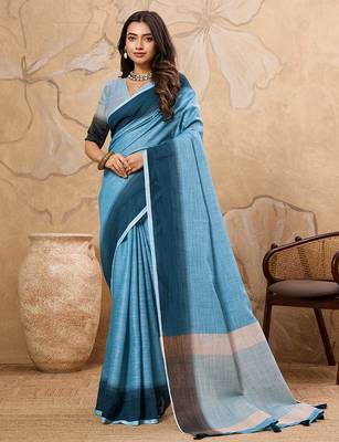 Blue linen cotton saree with printed work with blouse 3