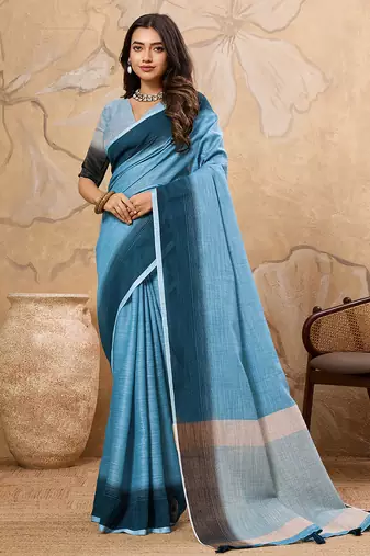 Blue linen cotton saree with printed work with blouse