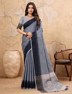 Black linen cotton saree with printed work with blouse 1