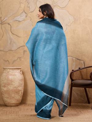 Blue linen cotton saree with printed work with blouse 4
