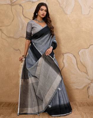 Black linen cotton saree with printed work with blouse 2