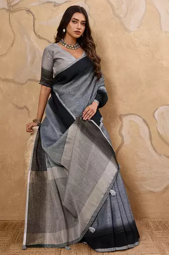 Black linen cotton saree with printed work with blouse