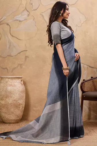 Black linen cotton saree with printed work with blouse