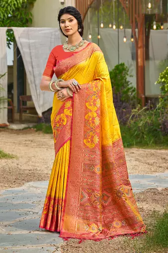 yellow soft art silk saree with floral printed work with blouse