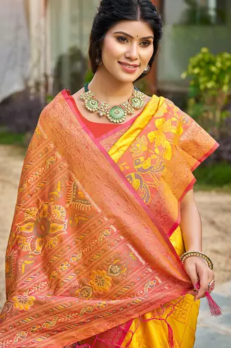 yellow soft art silk saree with floral printed work with blouse