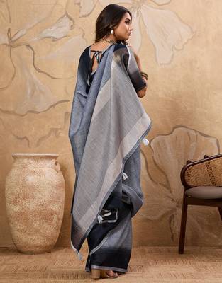 Black linen cotton saree with printed work with blouse 4