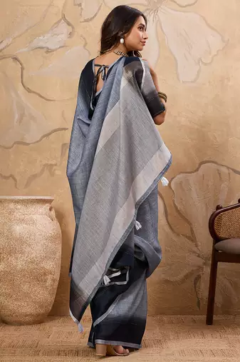 Black linen cotton saree with printed work with blouse