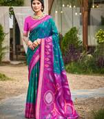 blue soft art silk saree with floral printed work with blouse