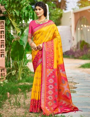 yellow soft art silk saree with floral printed work with blouse 1