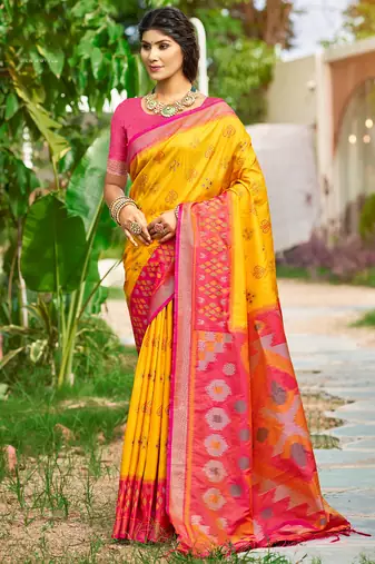yellow soft art silk saree with floral printed work with blouse