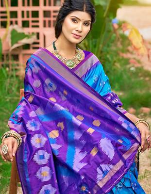 aqua blue soft art silk saree with floral printed work with blouse 2