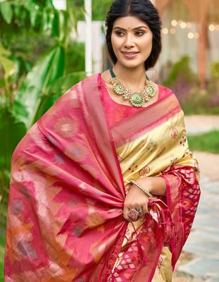 cream soft art silk saree with floral printed work with blouse 2