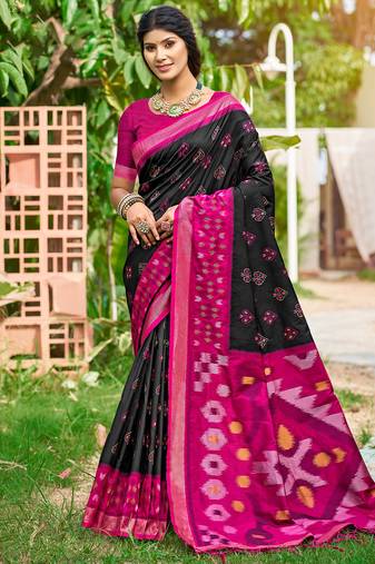 black soft art silk saree with floral printed work with blouse