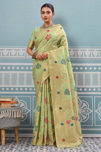green soft art silk saree with woven work with blouse