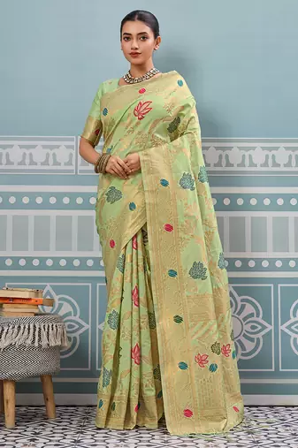 green soft art silk saree with woven work with blouse