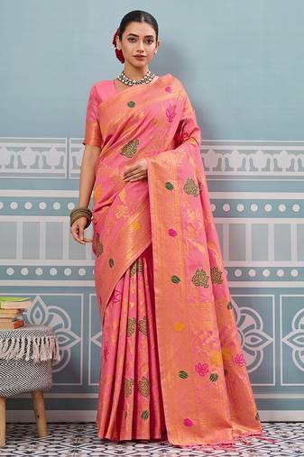 peach soft art silk saree with woven work with blouse