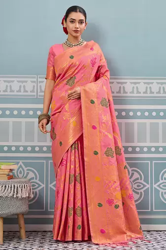 peach soft art silk saree with woven work with blouse