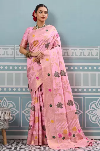 pink soft art silk saree with woven work with blouse