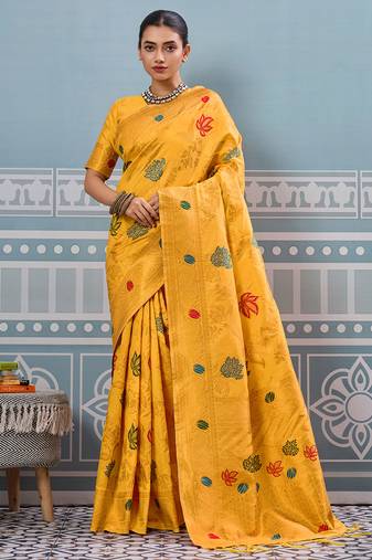 yellow soft art silk saree with woven work with blouse