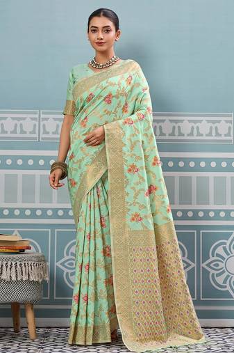turquoise soft art silk saree with woven work with blouse