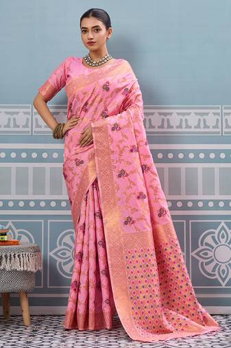 pink soft art silk saree with woven work with blouse