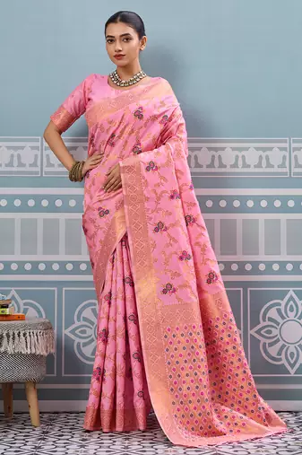 pink soft art silk saree with woven work with blouse