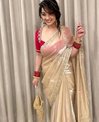 Cream Color Sequins Work Jimmi Choo Saree 1