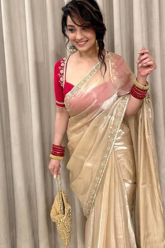 Cream Color Sequins Work Jimmi Choo Saree