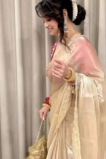 Cream Color Sequins Work Jimmi Choo Saree